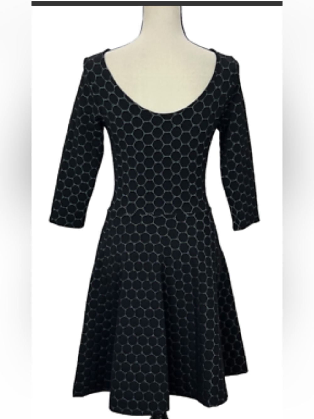 Leota Black Scoop-Neck Fit & Flare Midi Dress with Honeycomb Print
